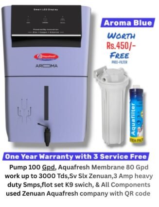 Aroma Blue Copper Ro Water Purifier | One year Warranty on RO Pump and Electric Power Supply | Consumables are chargeable | Free Installation worth Rs.549 and Three Times Free Home Service Visits (250×3=Rs.750 Free)