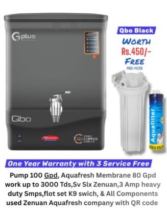 Qbo Black Alkaline Ro Water Purifier | One year Warranty on RO Pump and Electric Power Supply | Consumables are chargeable | Free Installation worth Rs.549 and Three Times Free Home Service Visits (250×3=Rs.750 Free)