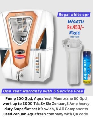 Regal White Copper Ro Water Purifier | One year Warranty on RO Pump and Electric Power Supply | Consumables are chargeable | Free Installation worth Rs.549 and Three Times Free Home Service Visits (250×3=Rs.750 Free)